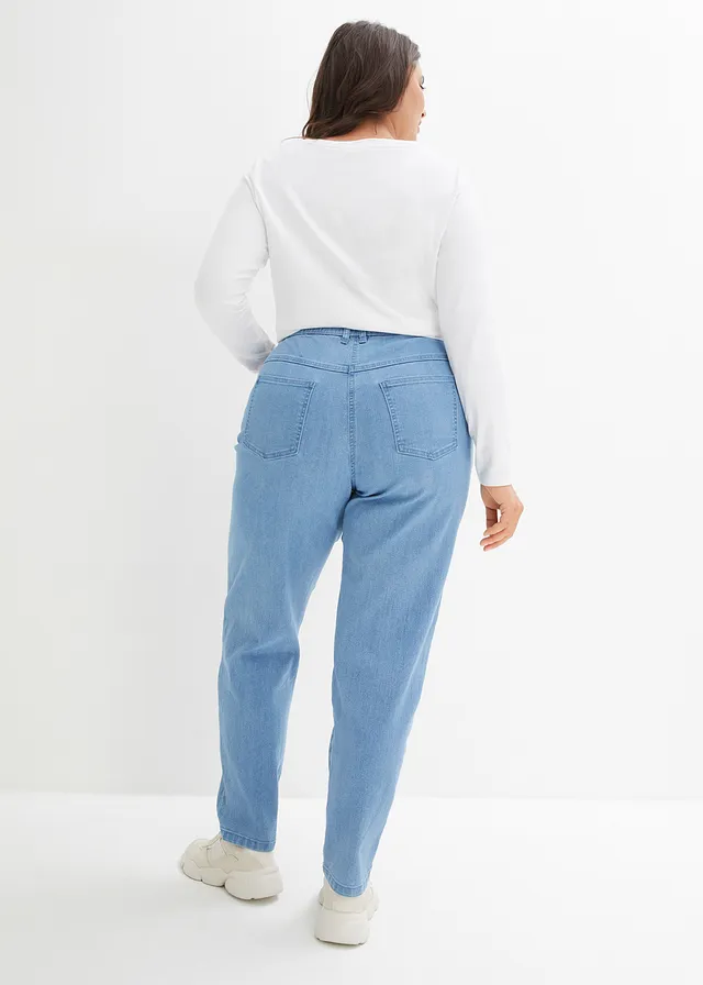 Jean mom taille haute, extensible, Couleur: denim bleu clair