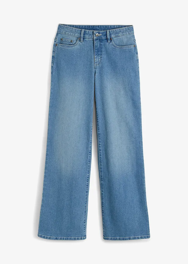 Wide leg jeans mid waist, stretch, Kleur: lichtblauw denim