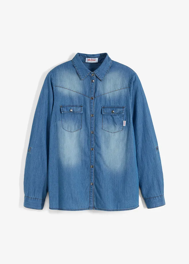 Chemise en jean avec boutons-pression, manches longues, Couleur: bleu moyen