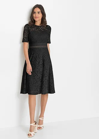 Midi jurk van kant met gehaakte inzet, Kleur: zwart