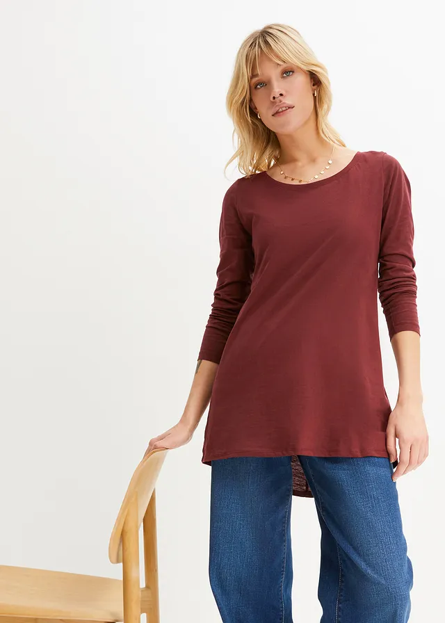 Longsleeve van licht slubjersey materiaal, Kleur: esdoornrood