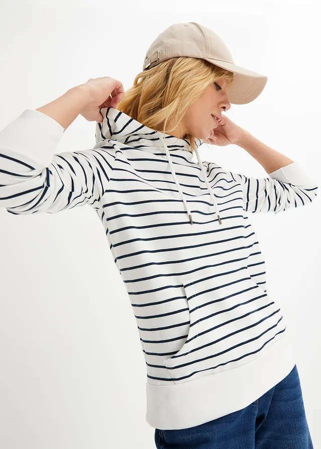 Sweat à capuche en coton mélangé, Couleur: blanc/bleu foncé rayé