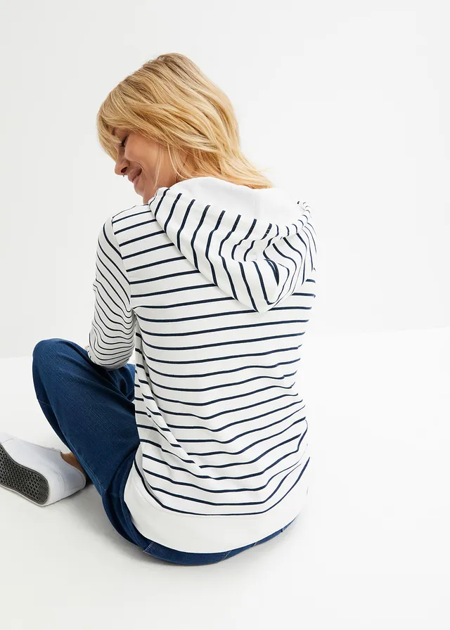 Hoodie van katoenmix, Kleur: wit-donkerblauw gestreept