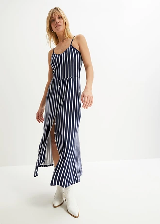 Midi jurk in een zachte viscose-elastanmix, Kleur: donkerblauw/wit gestreept