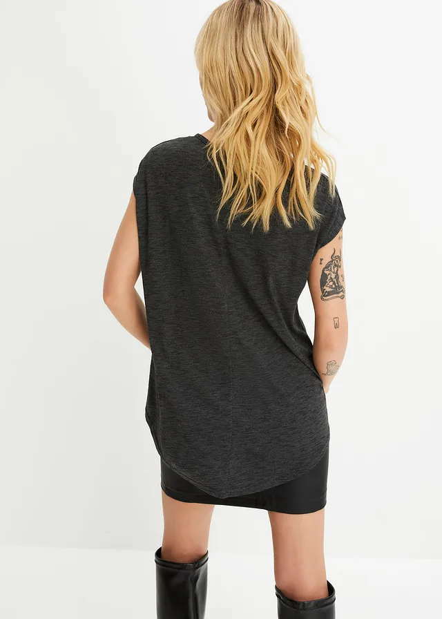 T-shirt long en viscose mélangée, Couleur: noir imprimé