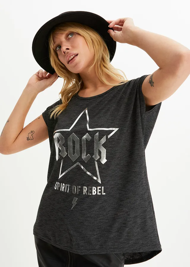 T-shirt long en viscose mélangée, Couleur: noir imprimé