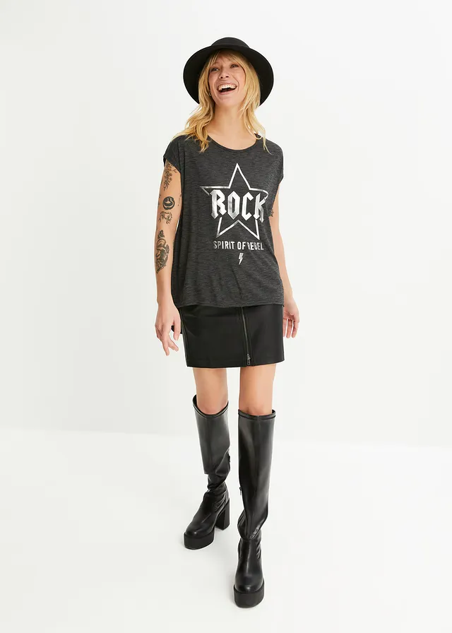 T-shirt long en viscose mélangée, Couleur: noir imprimé