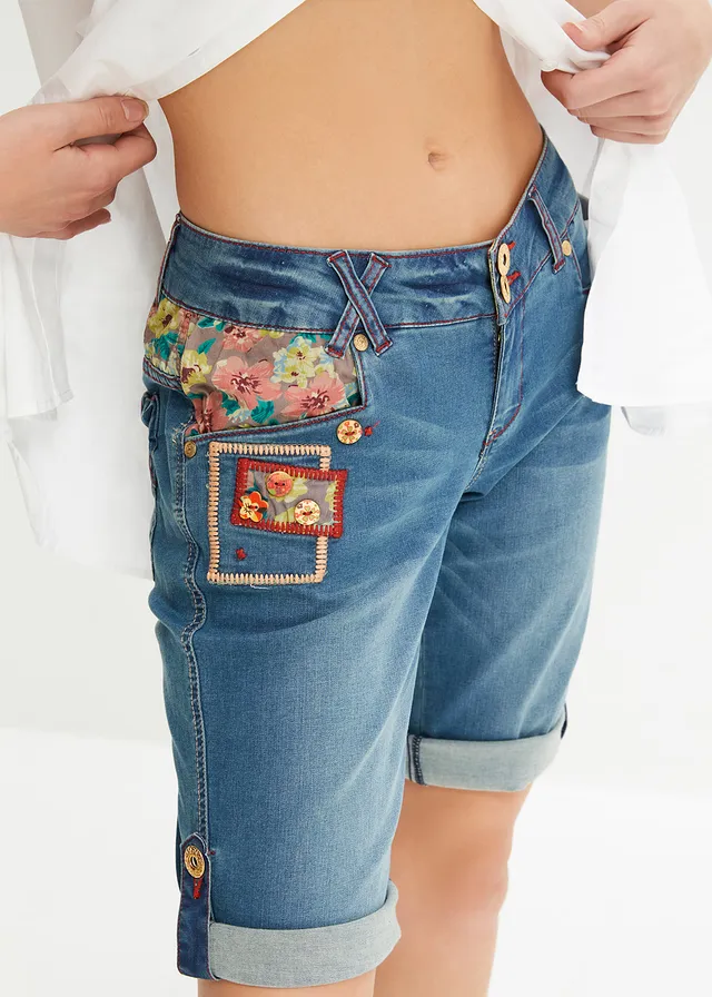 Bermuda en jean, taille mi-haute, Couleur: bleu denim floral