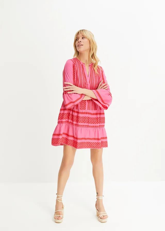 Rochie tip tunică din viscoză fluidă, culoare: roșu/pink cu imprimeu