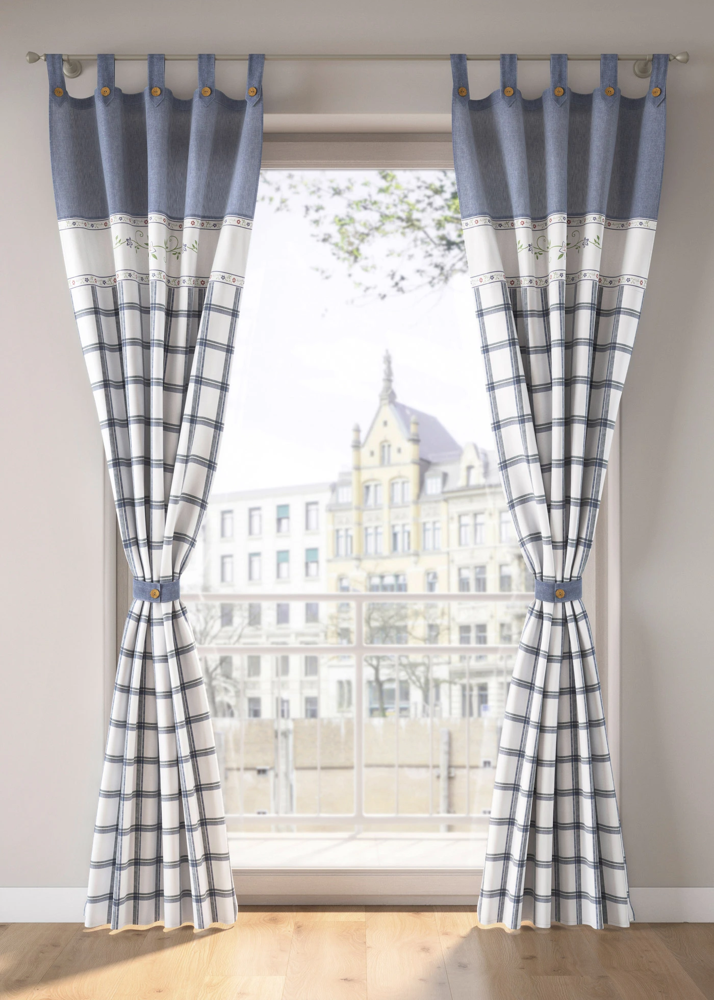 Rideau panneau en coton avec embrasse (1 pce) • bleu carreaux • Boutique bonprix