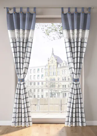 Rideau panneau en coton avec embrasse (1 pce) • bleu carreaux • Boutique bonprix