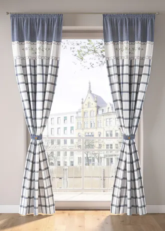 Rideau panneau en coton avec embrasse (1 pce) • bleu carreaux • Boutique bonprix