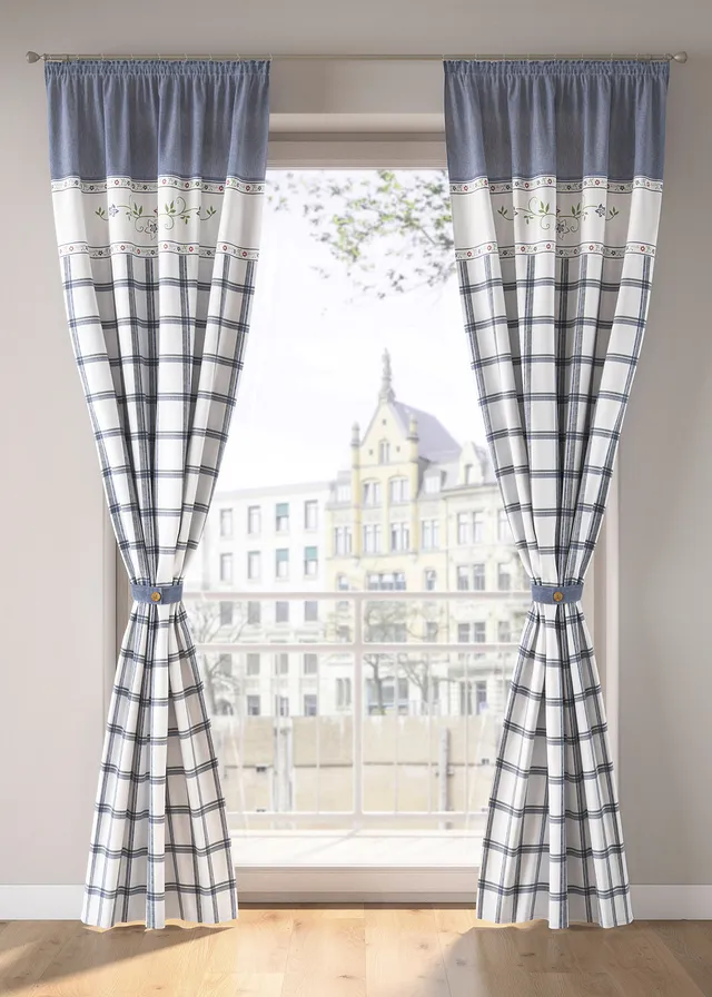 Gordijn van biologisch katoen met embrasse (1 stuk), Kleur: blauw geruit