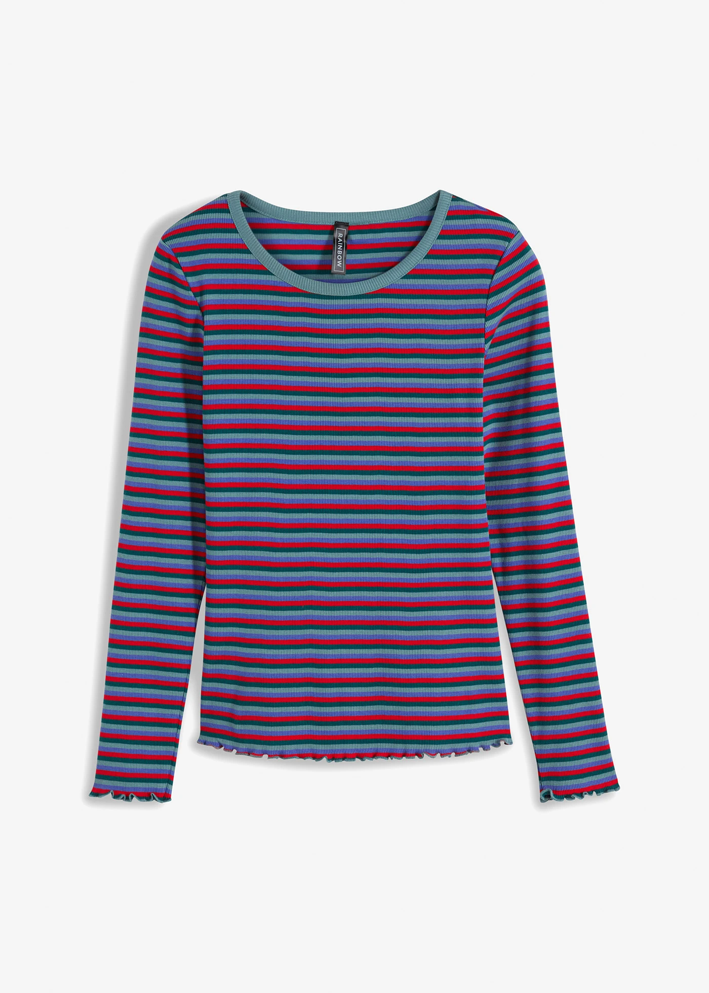 Geribd shirt van biologisch katoen • petrol-mineraalblauw-paarsblauw-tomatenrood gestreept • product-page.page-title-suffix