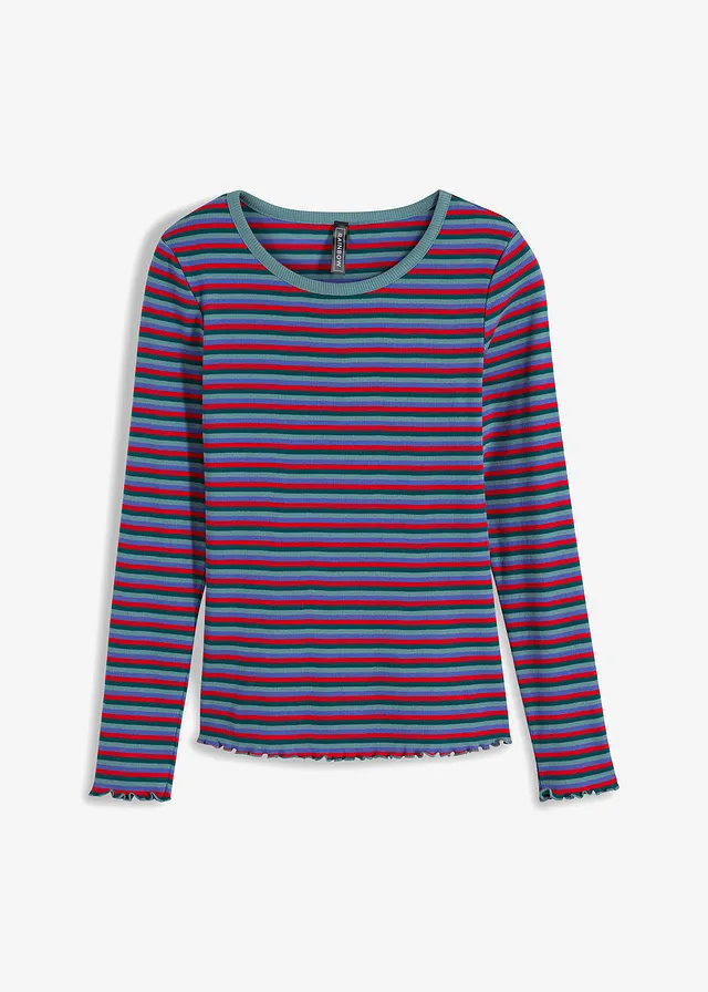 Geribd shirt van biologisch katoen • petrol-mineraalblauw-paarsblauw-tomatenrood gestreept • product-page.page-title-suffix