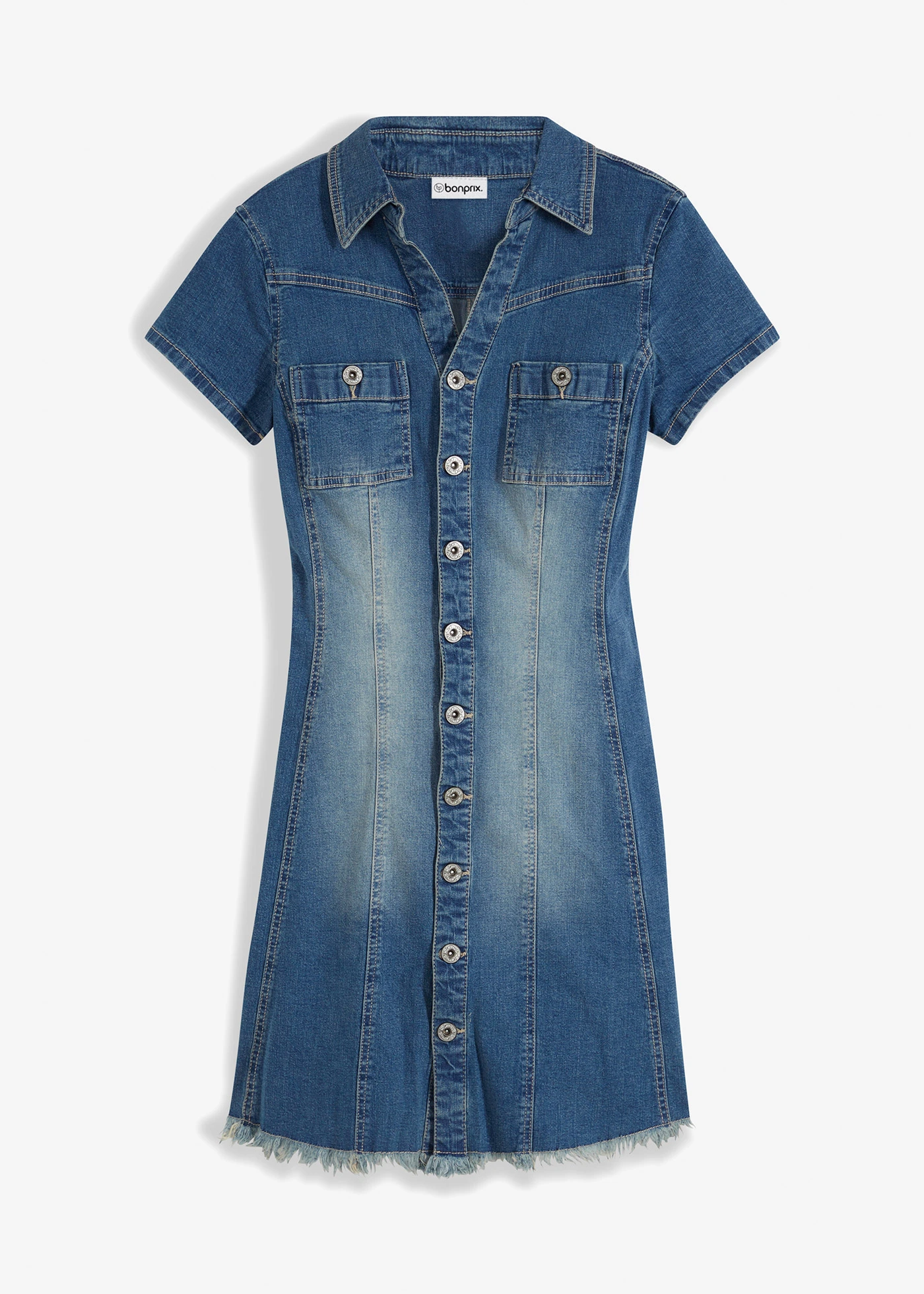 Džínové šaty s knoflíky a nezačištěným spodním okrajem • modrý denim • bonprix obchod