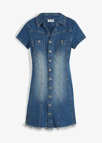 Džínové šaty s knoflíky a nezačištěným spodním okrajem • modrý denim • bonprix obchod