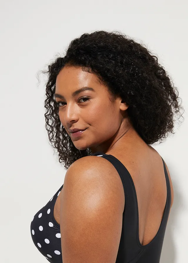 Maillot 1 pièce sculptant à fronces, maintien modéré, Couleur: noir pois blanc