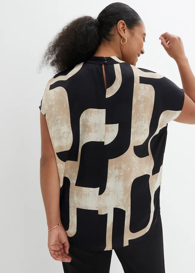 Blouse sans manches en satin, Couleur: noir/beige galet/beige kaki imprimé