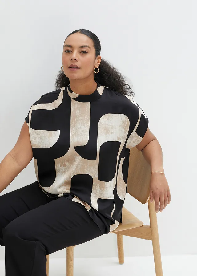 Blouse sans manches en satin, Couleur: noir/beige galet/beige kaki imprimé