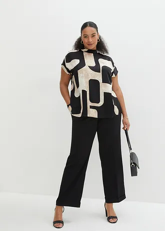 Tuniková halenka ze saténu, barva: černo-šedobéžovo-khaki béžová s potiskem