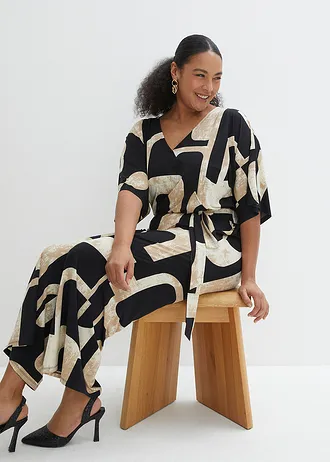 Žerzejový overal, barva: černo-šedobéžovo-khaki béžová s potiskem