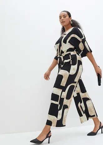 Žerzejový overal, barva: černo-šedobéžovo-khaki béžová s potiskem