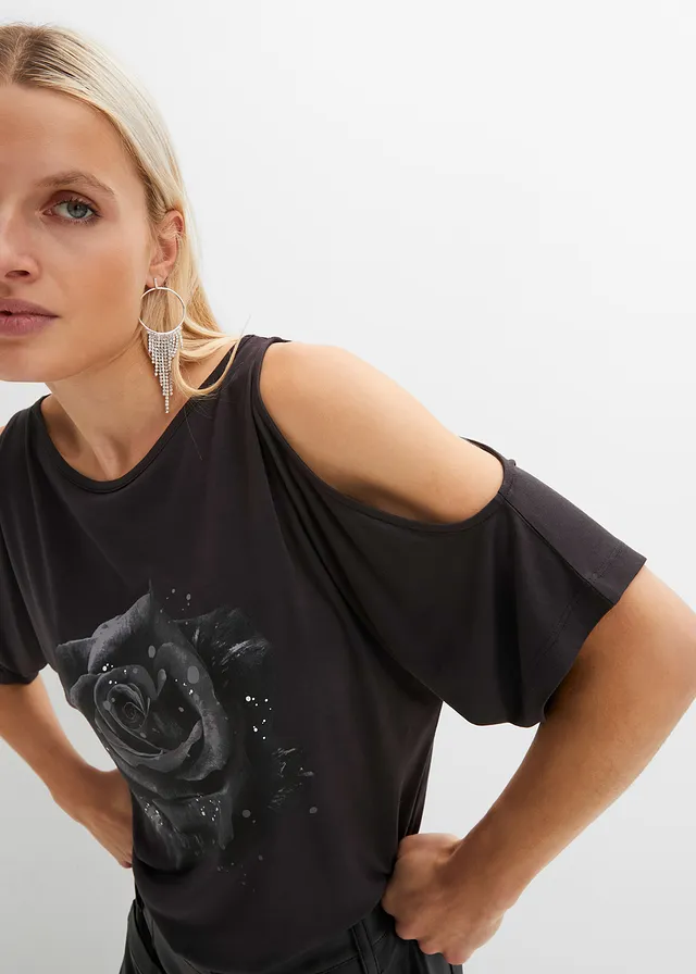 T-shirt à épaules dénudées en viscose • gris foncé floral • product-page.page-title-suffix