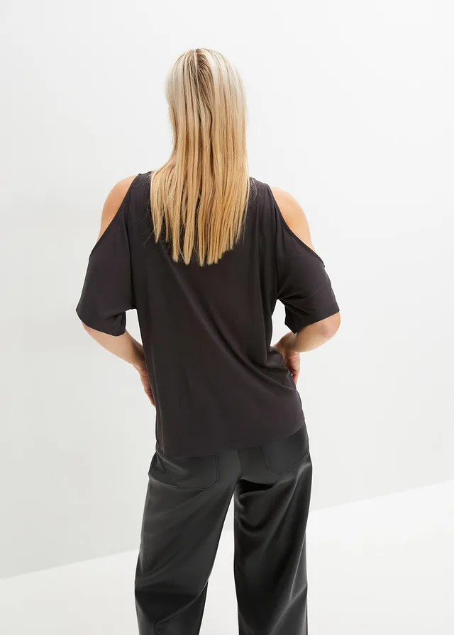 Cold shoulder shirt van viscose, Kleur: donkergrijs gebloemd