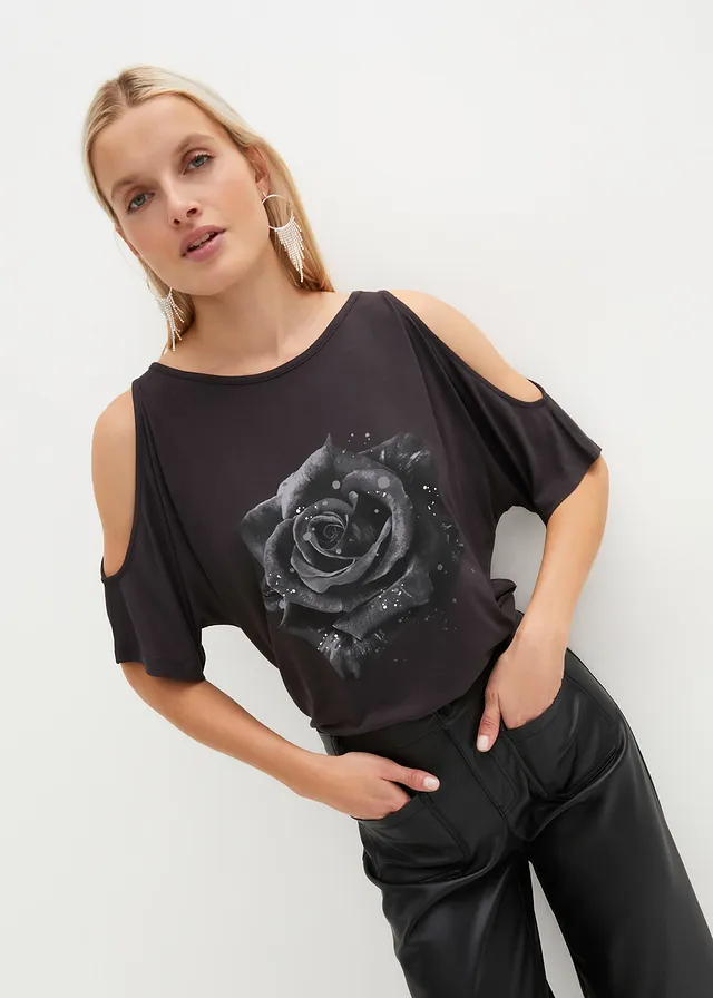 Cold shoulder shirt van viscose, Kleur: donkergrijs gebloemd