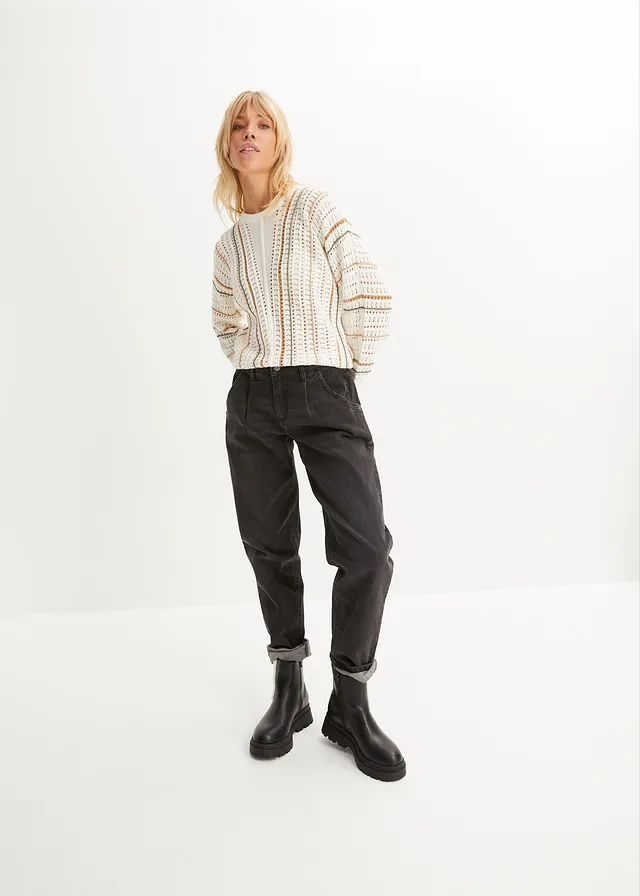 Barrel stretch jeans, mid waist, Kleur: zwart denim