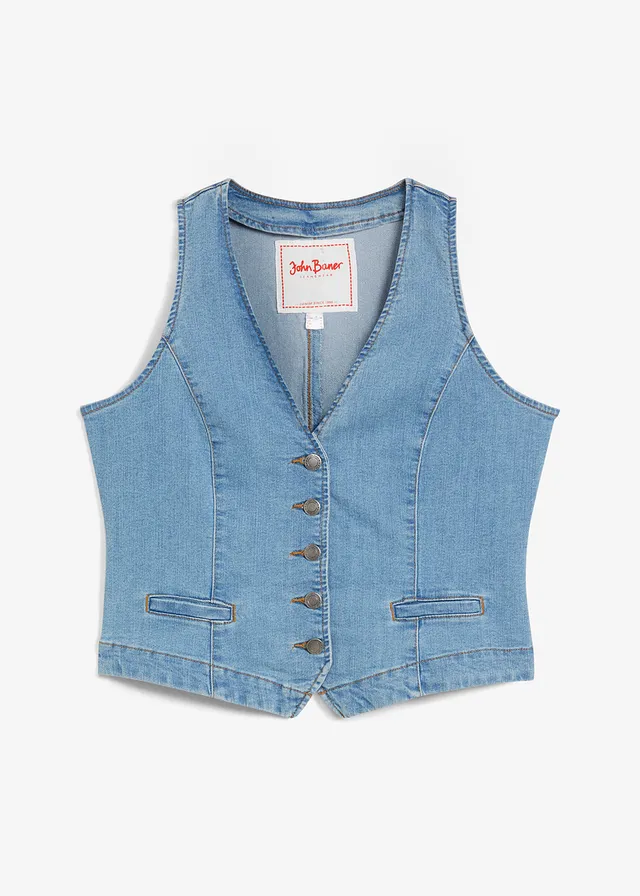 Gilet sans manches en jean extensible, Couleur: bleu clair denim