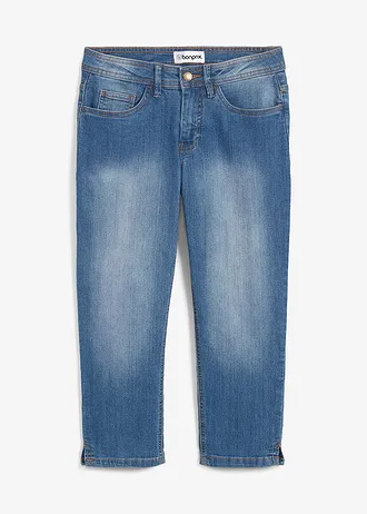 Jeansy slim fit, cropped, średni stan • niebieski "used" • sklep bonprix