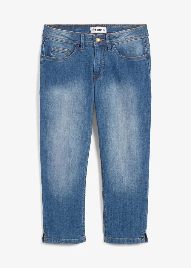 Jeansy slim fit, cropped, średni stan • niebieski "used" • sklep bonprix