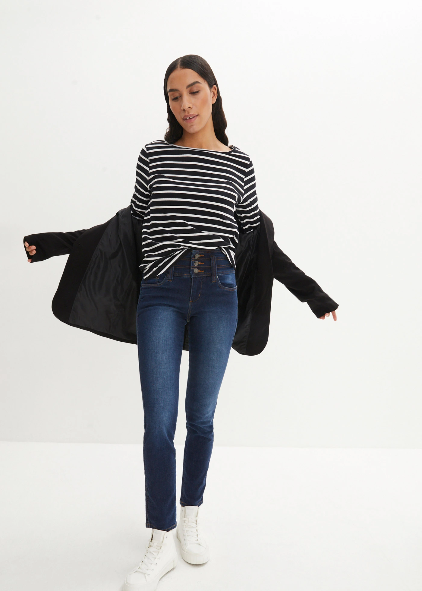 Slim džíny High Waist, stahovací • tmavě modrá used • bonprix obchod