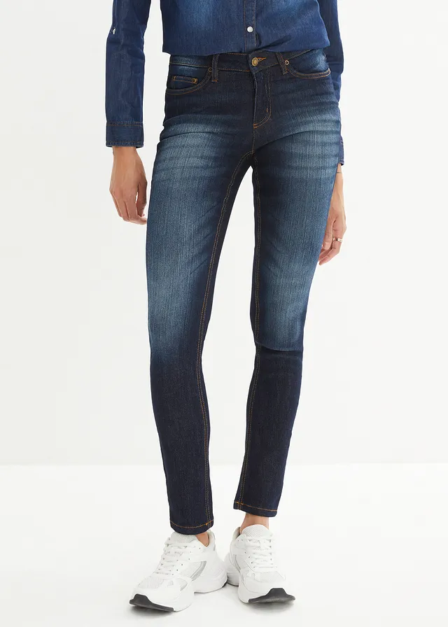 Skinny sztreccsfarmer, Mid Waist, szín: sötétkék, használt hatású