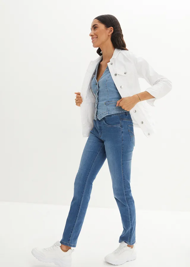Jean droit taille mi-haute, extensible, Couleur: bleu denim used