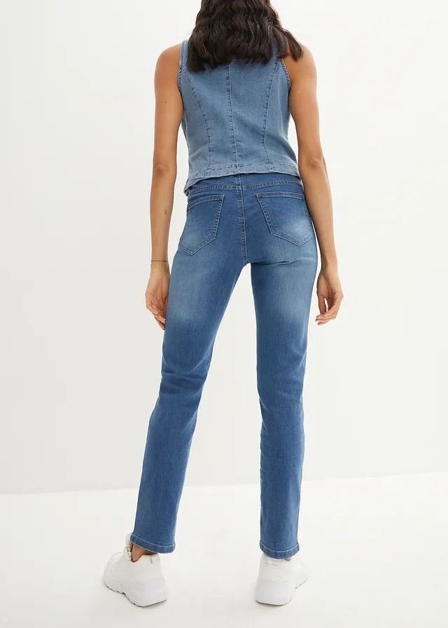 Jean droit taille mi-haute, extensible, Couleur: bleu denim used