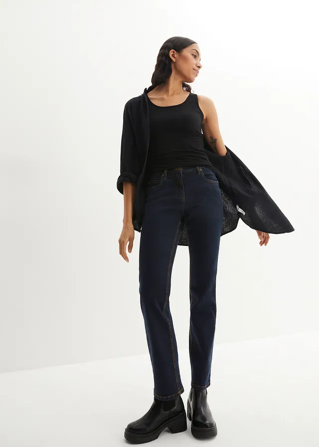 Jean droit taille mi-haute, extensible, Couleur: bleu foncé