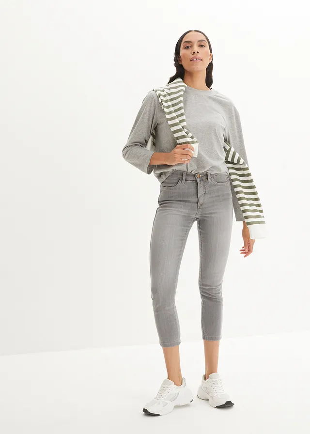 Jean skinny 7/8 taille mi-haute, extensible, Couleur: gris clair denim