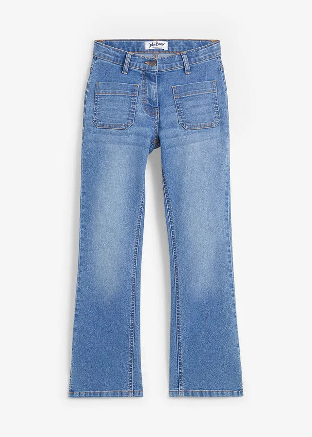 Flared jeans met comfortband, mid waist, Kleur: blauw denim