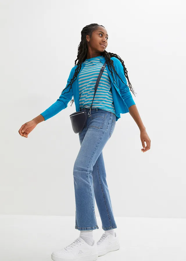 Jean flare taille mi-haute, ceinture extensible, Couleur: bleu denim