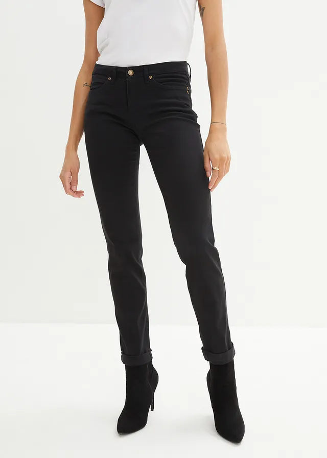 Stretch jeans high waist, straight, Kleur: zwart twill