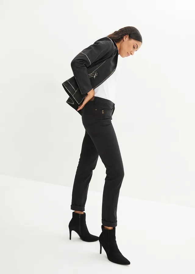 Jean droit taille mi-haute, extensible, Couleur: noir twill