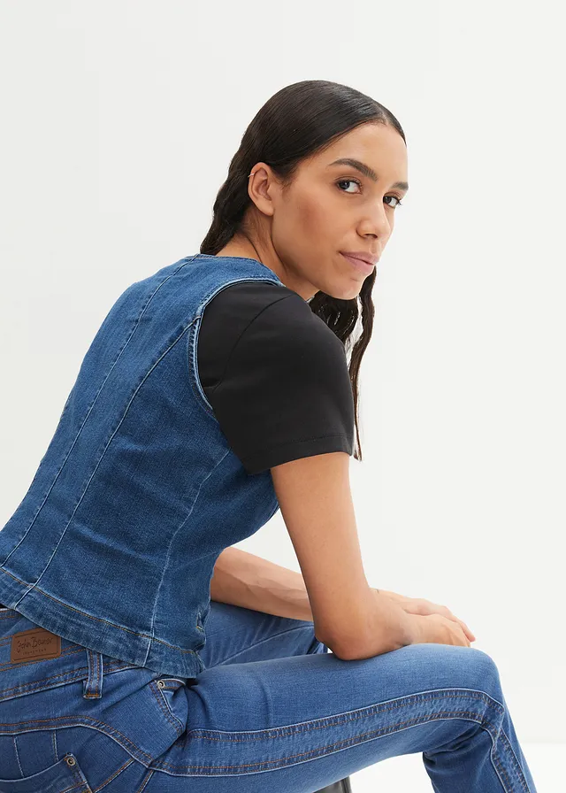 Gilet sans manches en jean extensible, Couleur: bleu denim