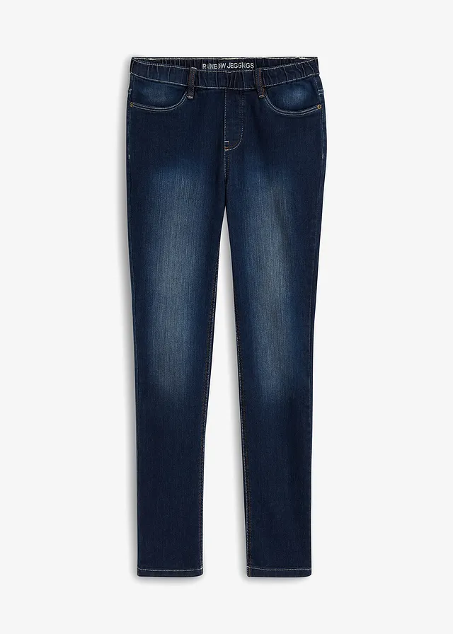 Skinny jegging mid waist met comfortband, Kleur: nachtblauw denim