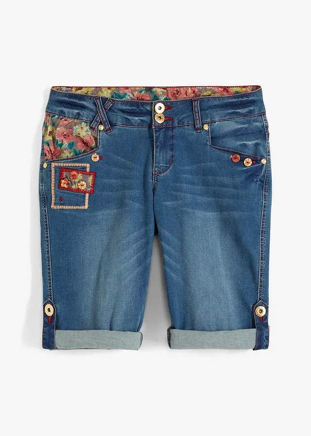 Jeans bermuda, mid waist, Kleur: blauw denim gebloemd