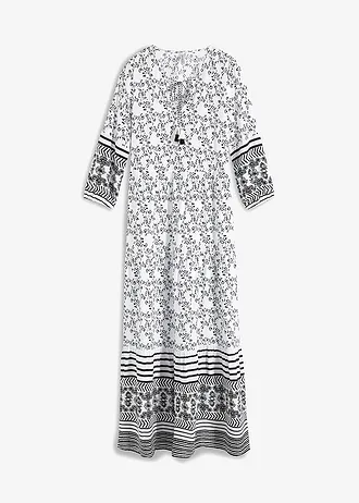 Maxi jurk van soepele viscose, Kleur: wit-zwart grafische print