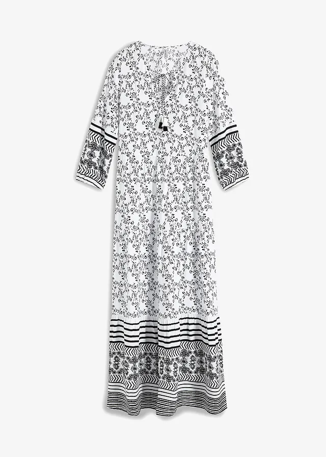 Robe longue en viscose fluide, Couleur: blanc/noir graphique