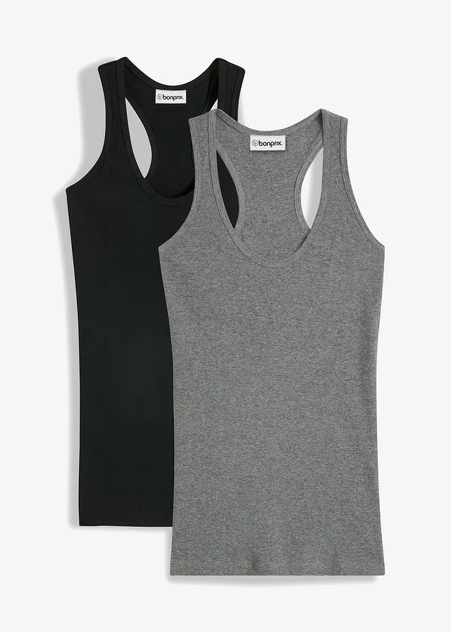 Geribde tanktop (set van 2), Kleur: zwart + grijs gemêleerd